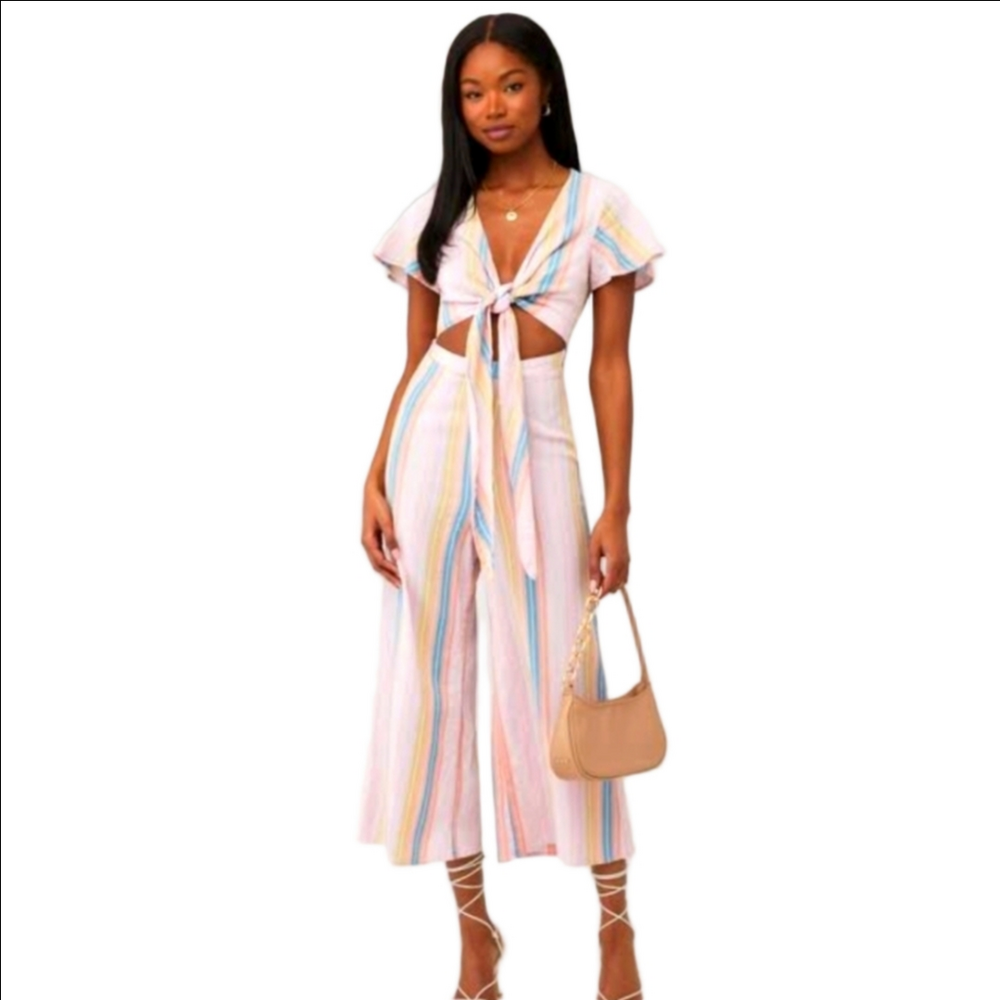 Show Me Your MuMu Val Pastel Striped Cropped Wide-Leg Jumpsuit Cut-out Waist